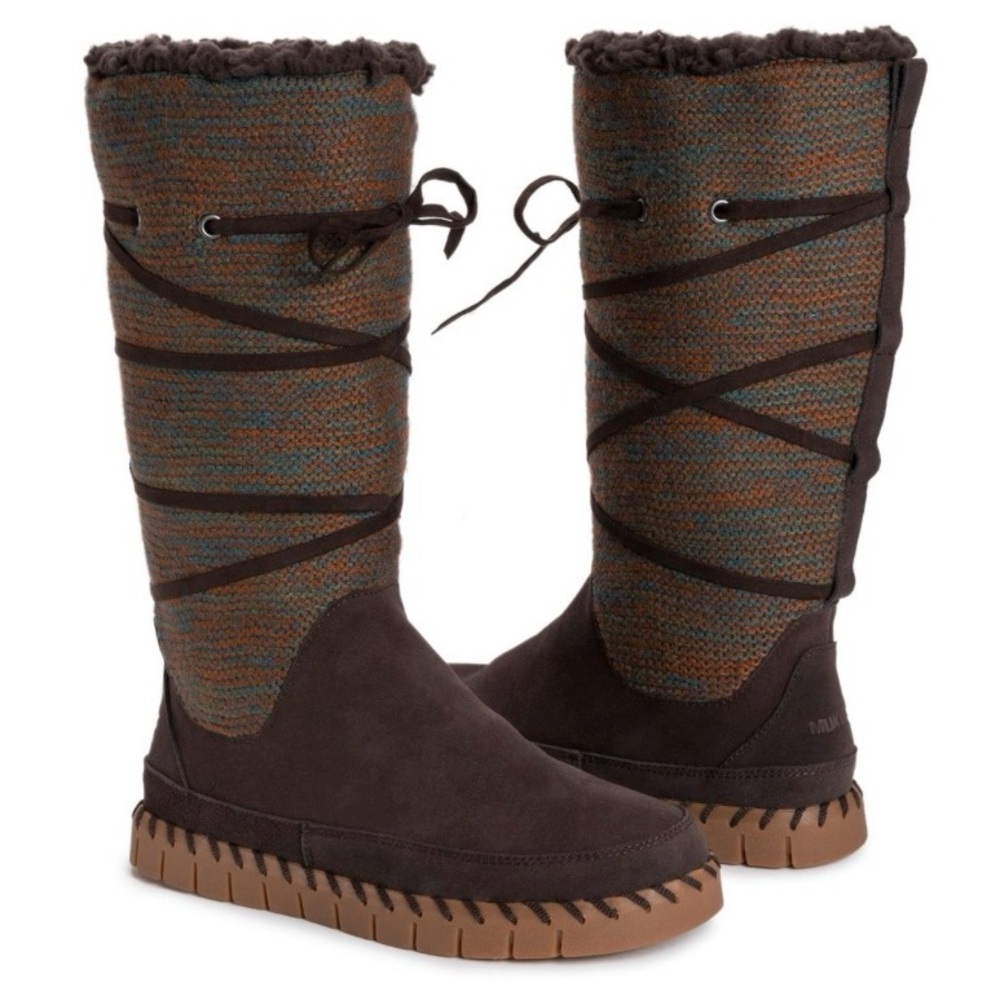 NWT Muk Luks Flexi New York Chocolate Brown Suede Fabric Boots Faux-Shearling
